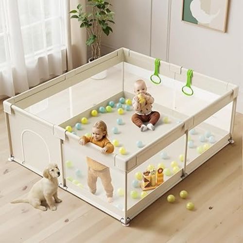 Uanlauo Beige Large Baby Playpen - 69x59in Playpen for Babies and Toddlers, Safe Indoor Play Pen, Baby Pen with Storage Bag and Breathable Mesh