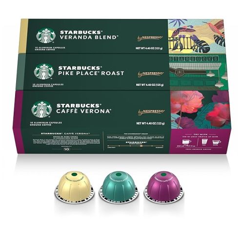 Starbucks by Nespresso Vertuo, Blonde, Medium, and Dark Roast Variety Pack Coffee, 30-count Coffee Pods, Brews 7.8 oz.