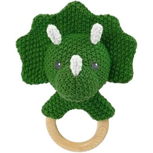 Baby Toys Stuffed Animals Handbell,Triceratops Rattle Toy Wooden Rattle Toys for Baby,Knit Stuffed Animal Cute Rattle with Teether Ring Newborn Birthday Gifts（Triceratops）