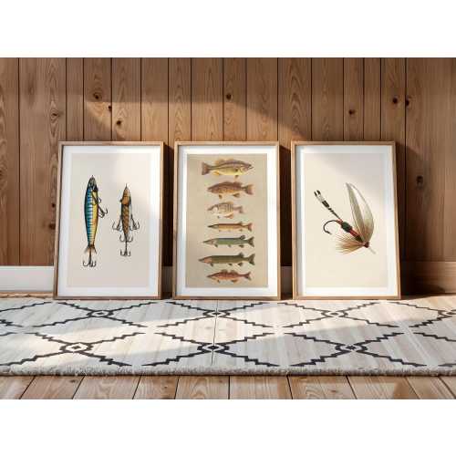 Old Time Fishing Prints Retro Fishing Art Poster Set of 4 Fishing Wall Decor Outdoorsy Cabin Wall Art Gift for Fishing Dad