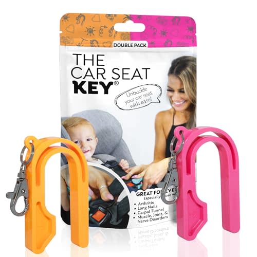 The Car Seat Key - Original Car Seat Key Chain Buckle Release Tool - Easy Unbuckle Opener Aid for Nails, Parents, Grandparents & Older Children by NAMRA Made in USA (2 Pack, Neon Orange & Neon Pink)
