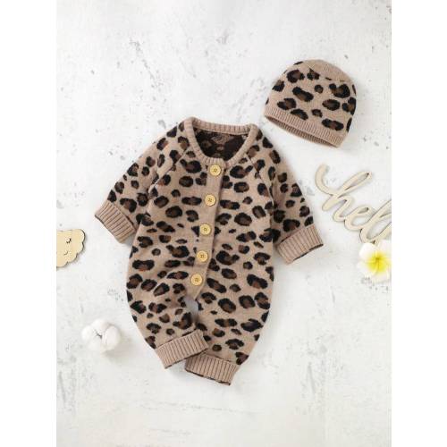 SHEIN Baby Girl Leopard Pattern Knit Jumpsuit & Hat Baby Knit Jumpsuit Newborn Come Home Outfit Baby Sweater Romper Neutral Baby Clothes Fall Baby Clothes | SHEIN USA