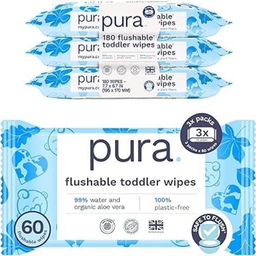 Pura Flushable Toddler Wipes 3 x 60 Wipes (180 Wipes), 100% Plastic Free, 99% Water, Hypoallergenic & Fragrance Free, Totally Chlorine Free, Kids Toilet Wipes, Potty Training