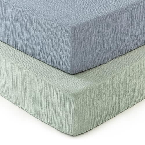 david's kids Muslin Crib Sheets for Boys Girls, 2 Pack 100% Cotton Soft Breathable Fitted Baby Neutral Sheet Set, Standard 52"x28" Crib and Toddler Mattress, Sage Green & Dusty Blue