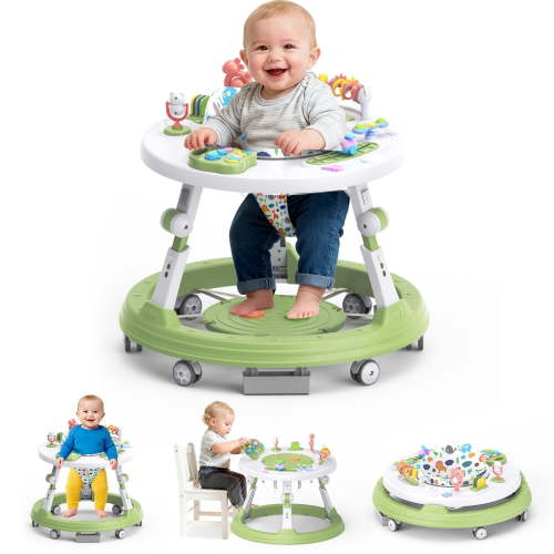 4-in-1 Foldable Baby Walker & Activity Center - 360° Rotatable Play Tray, 3-Stage Adjustable Height, Music LED Lights, Snack Toy Table for 6-18 Months Infants Boys Girls (Green)