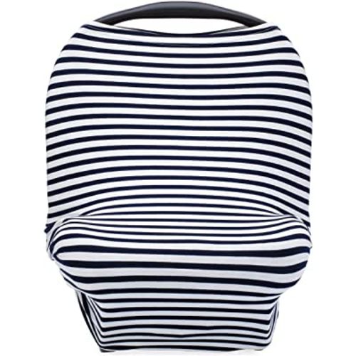 Parker Baby 4 in 1 Car Seat Cover for Boys - Stretchy Carseat Canopy, Nursing Cover, Grocery Cart Cover, High Chair Cover - Navy/White Stripes