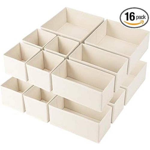 Criusia Drawer Organizer Clothes,16 Pack Underwear Drawer Organizers, Foldable Closet Organizers and Storage Dresser Drawer Dividers Clothing Organizer for Clothes, Socks, Scarves, Bra, Ties (Beige)