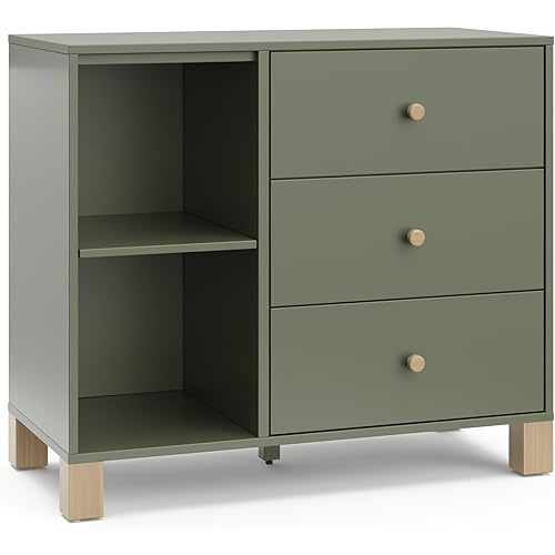 Storkcraft California 3 Drawer Combo Dresser (Olive with Driftwood) – GREENGUARD Gold Certified, Interlocking Drawer System, Pre-Installed Drawer Tracks for Easier Assembly, Spacious Cabinet
