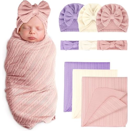 Newborn Receiving Blanket with Bow Hat Mittens Set Nursery Swaddle Wrap Toddler Swaddles for Newborn Baby Boy Girl
