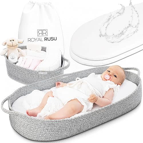 Yours Baby Changing Basket - CPC Certified Cotton Rope Changing Pad - Grey - Soft Water Resistant Foam Pad with Removable Organic Cotton Cover