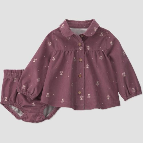 Carter's Just One You® Baby Girls' 2pc Long Sleeve Cord Floral Printed Dress and Bloomer Set - Plum 3M