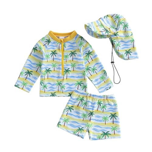 Hnyenmcko Toddler Baby Boys Swim Set Long Sleeve Rashguard Swimsuit Shirt Trunks Infant Bathing Suit Swimwear with Hat