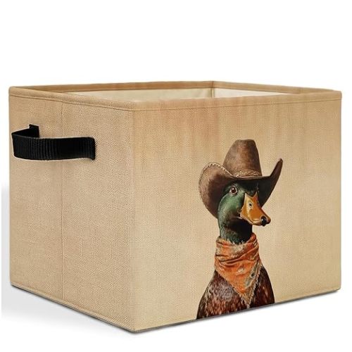 Western Cowboy Mallard Duck Storage Bins Box with Handles, Mallard Duck Nursery Decor, Ducks Laundry Basket Hamper Collapsible Clothes Toys Organizer for Kids Boys Bedroom Bathroom