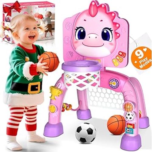 Zerhunt Toddler Gift for Aged 1-2: Dinosaur Toys Activity Center with Music/Light-Up - Sport Game Basketball Hoop & Soccer for Indoor Yard - 6+ Month Baby Gift for Birthday Christmas