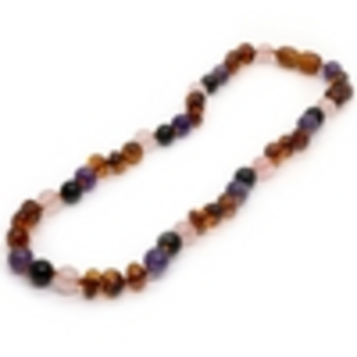 Baltic Amber Necklace Dark Amber Pink Rose Quartz Amethyst Shungite