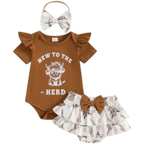Kayotuas Western Baby Girl Clothes Summer Cowgirl Outfits My First Rodeo Romper Cow Print Bloomer Shorts Headband 3 Piece Set