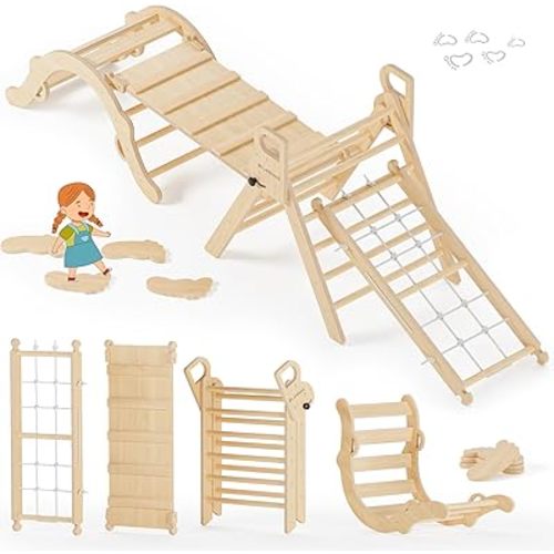 BlueWood 10-in-1 Pikler Triangle Set, Toddler Climbing Toys Indoor, Montessori Climber, Baby Jungle Gyms with Arch, Extra Rope Ladder & Footprint Balance Beam - Natural Rustic