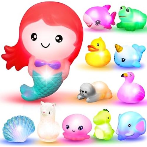 JOYIN 12 PCS Light Up Bath Toys, Toddler Flashing Colourful LED Bathtub Mermaid Toy, Baby Bathtime Floating Rubber Shower Gifts for Infant Kids Girls Valentines Easter Basket Stuffers Pool Party Favor