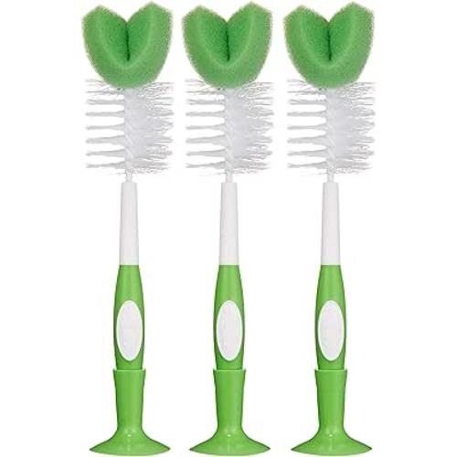 Amazon Brand - Mama Bear Baby Bottle Brush with Nipple Cleaner and Suction Cup Stand, White (Pack of 3)