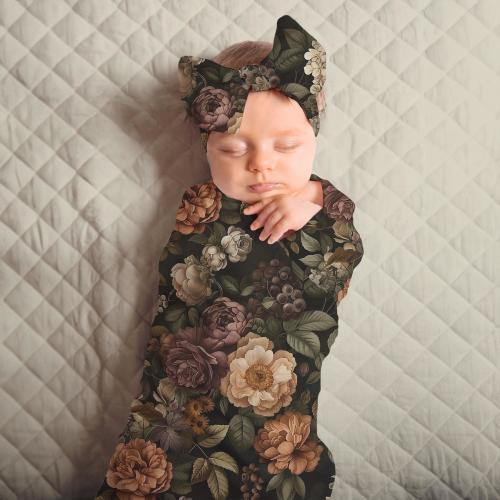 Goth Victorian Florals Swaddle Blanket, Vintage Gothic Baby Swaddle Blanket + Headband Bow or Hat | Halloween Swaddle