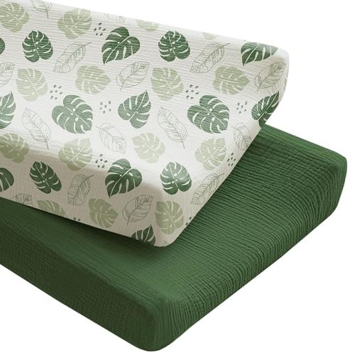 Konssy 2 Pack Muslin Changing Pad Covers for Boys, Ultra Soft & Breathable Cotton Baby Diaper Changing Table Covers, Neutral Nursery Diaper Changing Pad Sheets (Fog Green,Cream)