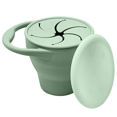 BraveJusticeKidsCo | Snack Attack Snack Cup | Collapsible Silicone Snack Container | Toddler and Baby Snack Catcher Lid (Mint Green)