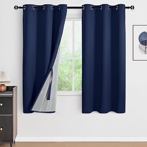 DWCN 100% Blackout Curtains with Tiebacks, Double Layer Thermal Insulated Room Darkening Noise Reducing Grommet Window Curtain Drapes with Black Liner for Kitchen Navy Blue, 42 x 63 Inch, 2 Panels
