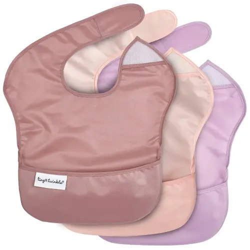 Tiny Twinkle Mess Proof Baby Bibs for Eating - Waterproof, Wipeable Bibs - Toddler Bibs - Travel Friendly - PFAS, PVC, BPA, Phthalate Free - Baby Food Bibs(3 Pack,Taupe, Rose)