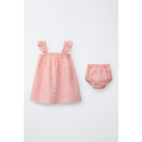 GINGHAM CHECK DRESS AND BLOOMERS WITH EMBROIDERED FLOWERS - Pink | ZARA United States