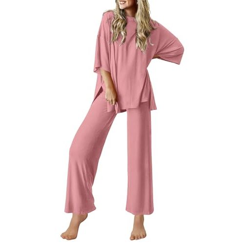 Ekouaer Lounge Sets for Women Short Sleeve Tops and Long Pants Soft Comfy Pajamas Set 2 Piece Outfits