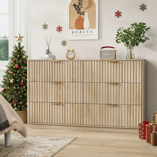 Ebern Designs 54'' W Fluted 6 - Drawer Dresser, Wooden Double Dresser Chest Of Drawers For Bedroom | Wayfair
