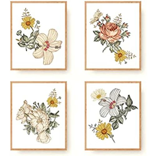 Boho Vintage Floral Wall Art Prints Set of 4 Nursery Flower Boho Room Bathroom Decor Botanical Rustic Yellow Flowers Poster for Baby Girls Kids Room Bedroom Farmhouse Decor (8"x10" UNFRAMED)