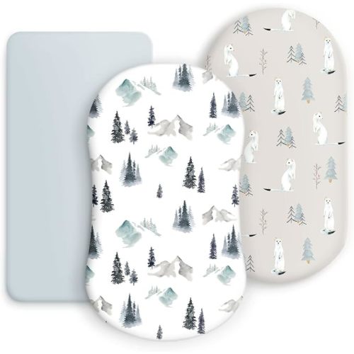 GRSSDER Stretchy Ultra Soft Bassinet Sheet 3 Pack, Universal Fit for Bassinets Baby Cradle Moses Basket Oval Rectangle Mattress or Changing Table Pad Safe and Snug, Stylish Print of Sunny Bear