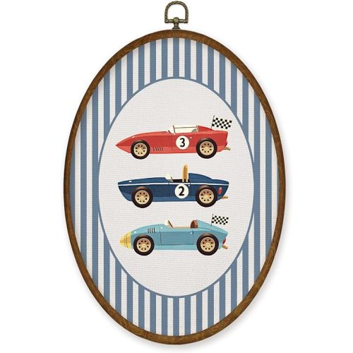 WULQYING Race Car Boy Nursery Wall Art Decor, Boys Room Oval Framed Canvas Art Prints, Vintage Race Car Blue Striped Wall Hanging Decor for Kids Nursery Room Bedroom Playroom, 8.6x11.4 Inches
