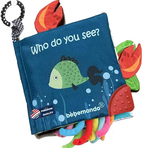 Fish Baby Book 0-6 Months,Touch Feel Cloth Crinkle Books for Babies,Infant Baby Toys 6-12 Months,Learning Education Soft Sensory Mirror Toy,Shower Gifts Easter for Boys Girls-Teether