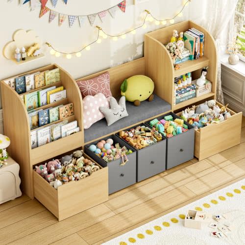 FOTOSOK Kids Bookshelf with Reading Nook, Toy Organizer with Seat Cushion | 71'' Kids Bookshelf with 2 Movable Drawers and 3 Fabric Toy Chests, Kids Reading Nook with Bench for Playroom, Natural