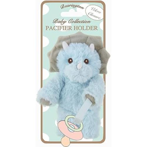 Bearington Collection Triceratops Plush Pacifier Holder - 7.5-Inch Lil’ Tracer Dino - Universal Plush Clip & Pacifier Stuffie