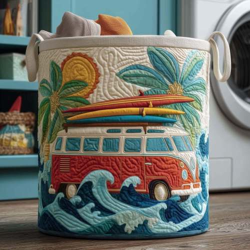 Surf Van Beach Ocean Quilted Laundry Basket, Good Basket Fabric