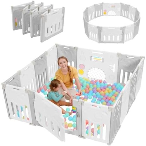 Baby Playpen, 14-Panel Foldable Play Pen for Babies 6-12 Months, Grey White