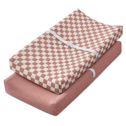 Blissful Diary Muslin Changing Pad Cover for Baby Girls, Ultra Soft Breathable Cotton, Baby Diaper Change Table Pad Covers, 2Pack (Checkered Pink & Dusty Pink)