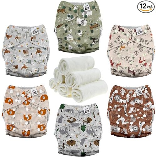 Mama Koala 3.0 Cloth Diapers for Babies with AWJ Lining, 6 Pack with 6 Natural Cloth Diaper Inserts - Reusable and Washable Pocket Diapers (Animals in The Forest)