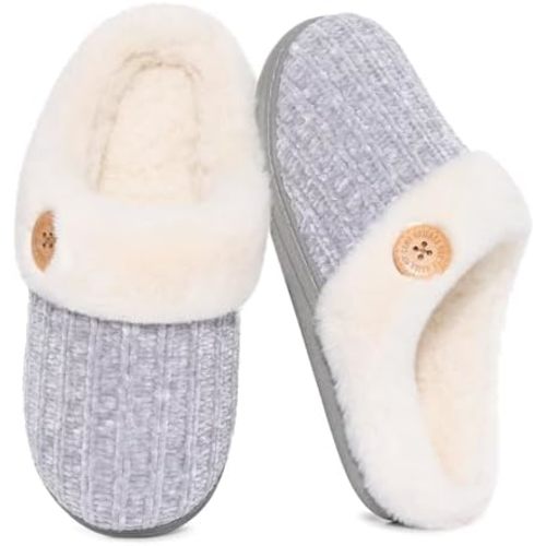 Evshine Warm Knit House Slippers for Women Comfy Wool-Like Lined Chenille Slippers with Memory Foam and Indoor Outdoor Soles