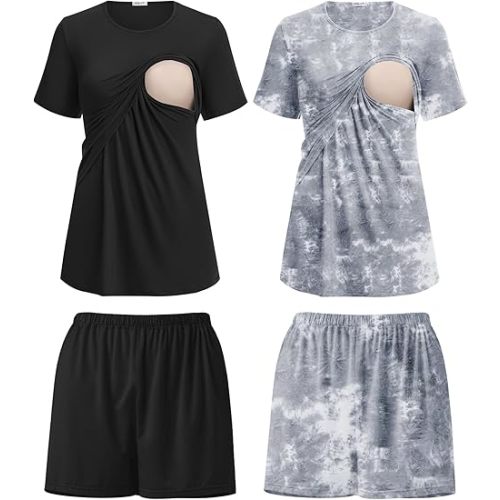 Ekouaer 2 Pack Women's Nursing Pajamas Set Double Layer Maternity Pjs Postpartum Loungewear Set Breastfeeding Tops & Shorts