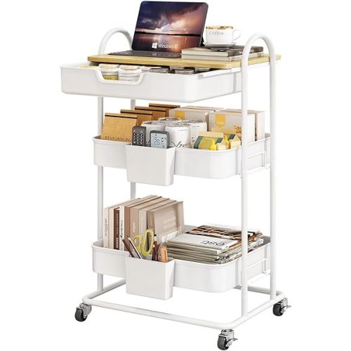 SNTD 3 Tier Utility Rolling Cart with Wheels - Smooth Sliding Drawers, Wooden Tabletop, Hanging Buckets for Kitchen, Art Room, Office, Bathroom (White)