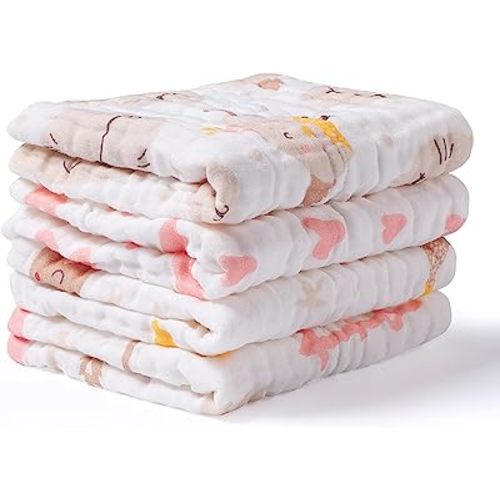 Viviland Baby Muslin Burp Cloths, 10 x 20 inches 6-Layer Baby Bath Towels, 100% Cotton Super Absorbent Washcloths for Baby Girl and Boy, Pink Heart & Star Pattern 4 Pack