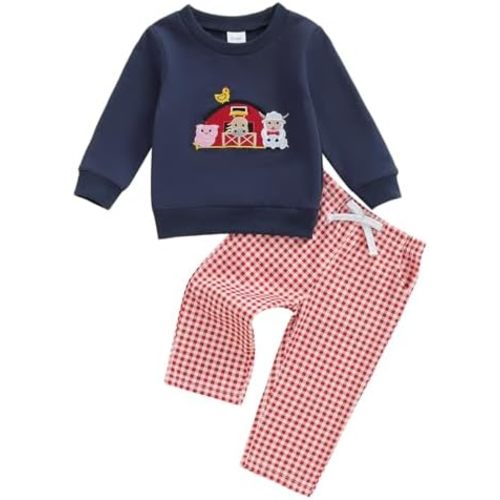Toddler Baby Boy Farm Outfit Animal Embroidery Long Sleeve Sweatshirt Plaid Long Pants Set Infant Fall Winter Clothes
