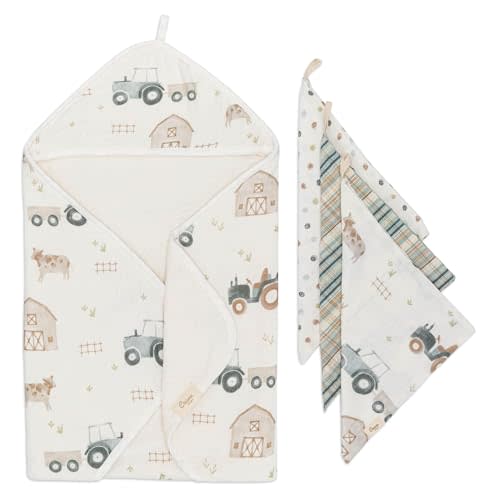 Crane Baby Hooded Towel & Washcloth Set, Charlie Farmhouse Tractor Hooded Baby Towels and Washcloths Set, Baby Bath Essentials, Washcloths for Newborn, Muslin Towel for Babies