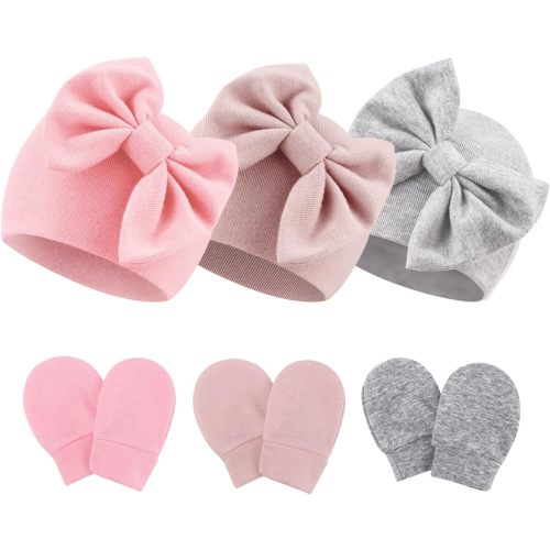 Newborn Bow Hats and Mittens Set, Pink/Gray/Light Taro - 0-6 months
