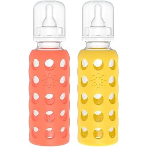Lifefactory Glass Baby Bottle BPA Free | Protective Silicone Sleeve | 9 oz Pack of 2 | Mango, Papaya