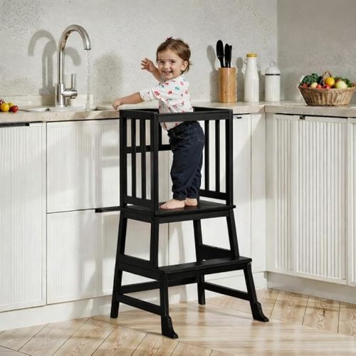 COSYLAND Toddler Kitchen Standing Tower -Toddler Kitchen Stool Helper - Kids Kitchen Step Stool for Learning Bathroom Kitchen Living Room Dining Room 1.5-3 Years Black